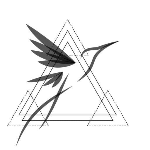 Stylized hummingbird silhouette with geometric elements, featuring overlapping triangles and angular lines.