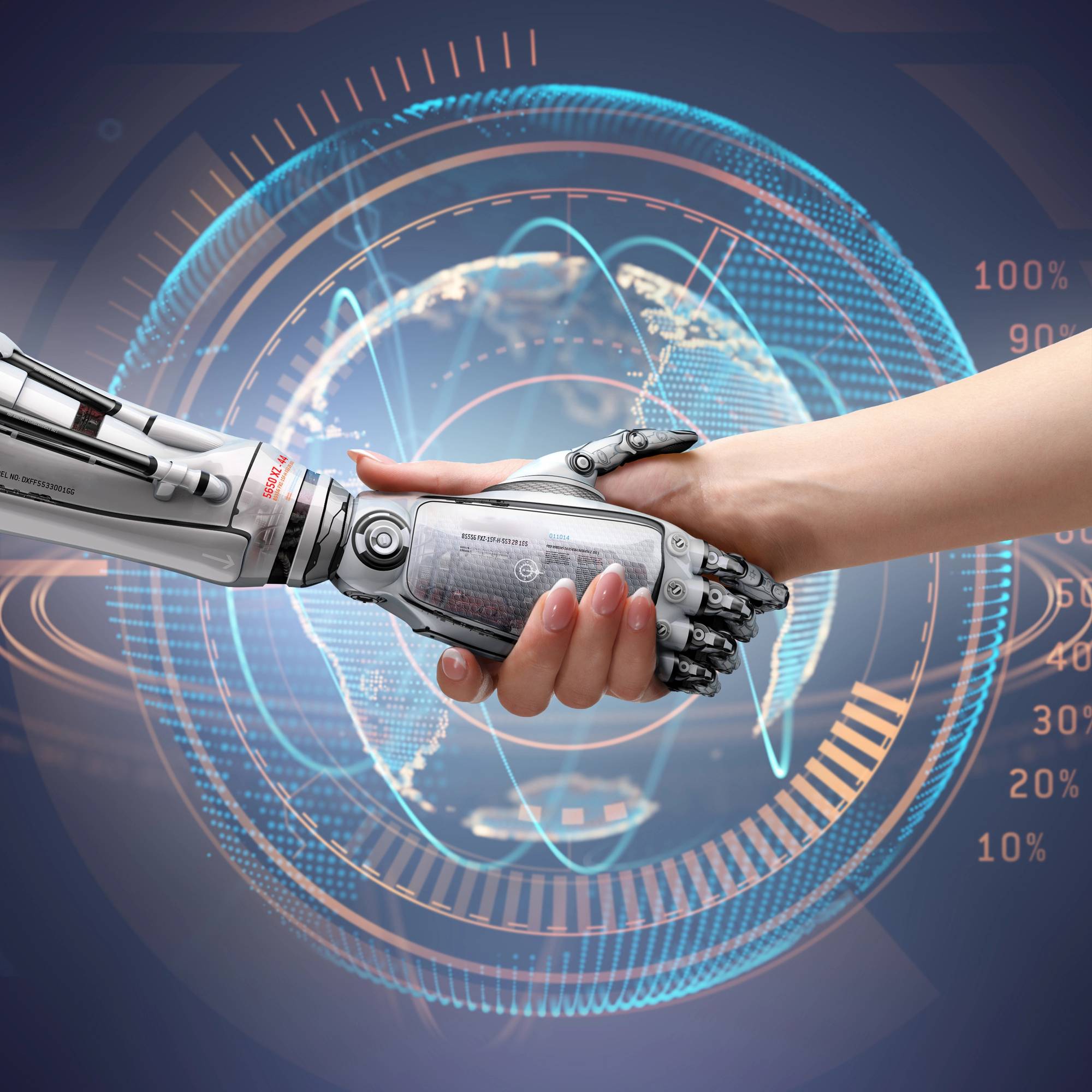 Depositphotos_71503555_L A robotic hand and a human hand shake, set against a digital globe and data graph background, symbolizing human-robot collaboration.