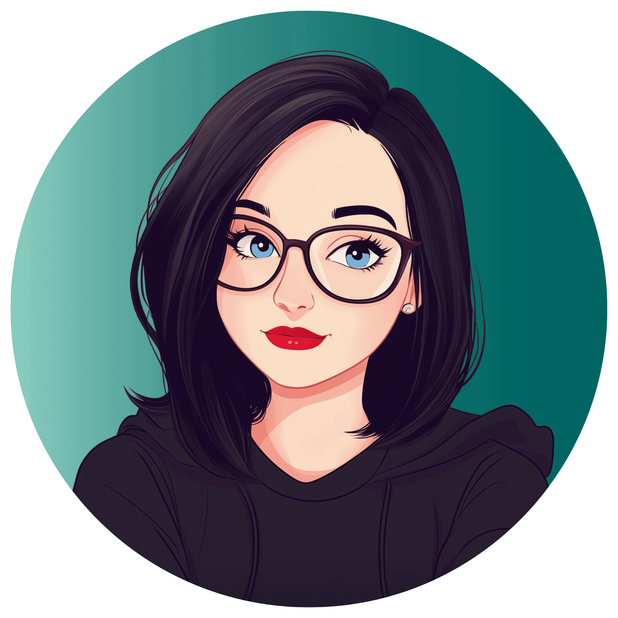 Anna_Blue Eyes_Gradient Background A digital illustration of a person with black hair, wearing glasses and a black hoodie, set against a teal background.