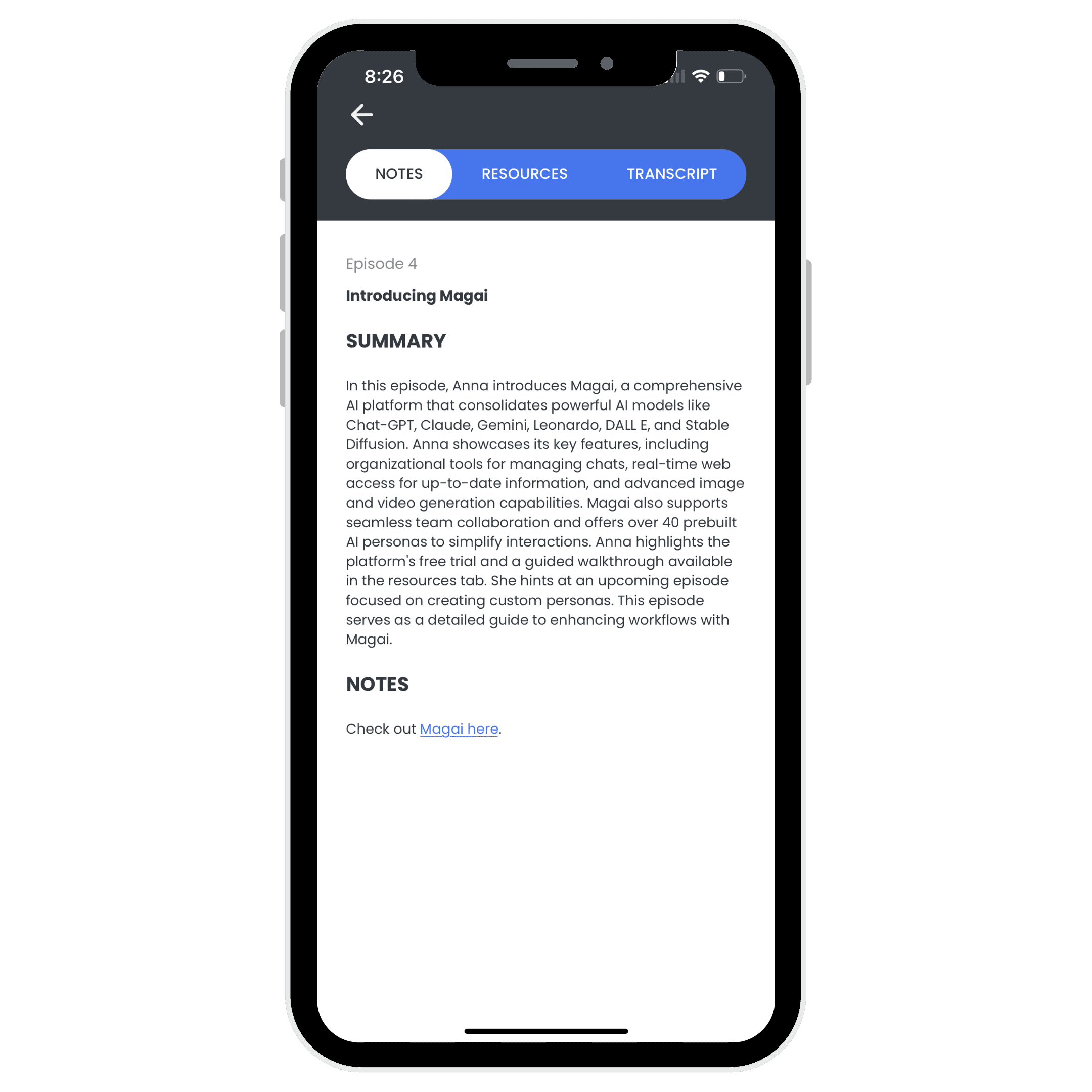 HIRO Notes Smartphone displaying a podcast episode page titled