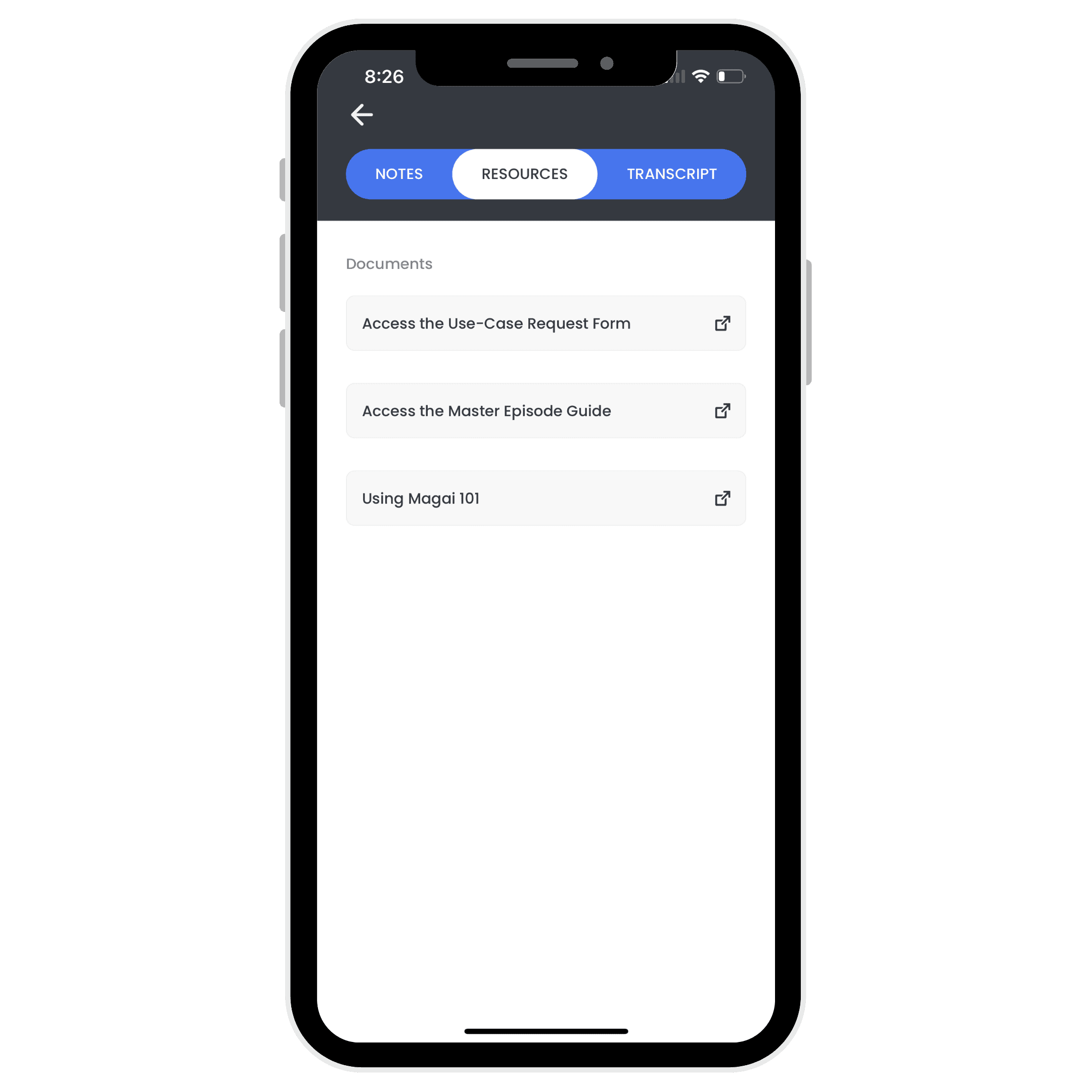HIRO Resources Smartphone screen displaying a menu with three document links:
