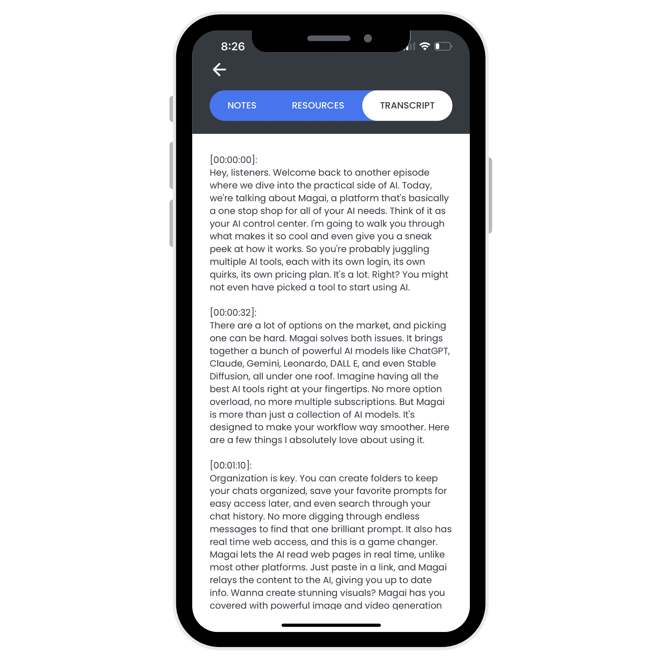 HIRO Transcript A smartphone displaying a podcast transcript about AI tools like Magai, ChatGPT, Slack, and Canva. The screen shows text discussing their features and use in organizing content.
