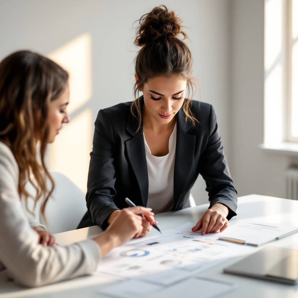 Two women in an office setting review documents with charts and graphs, both focused on the discussion.