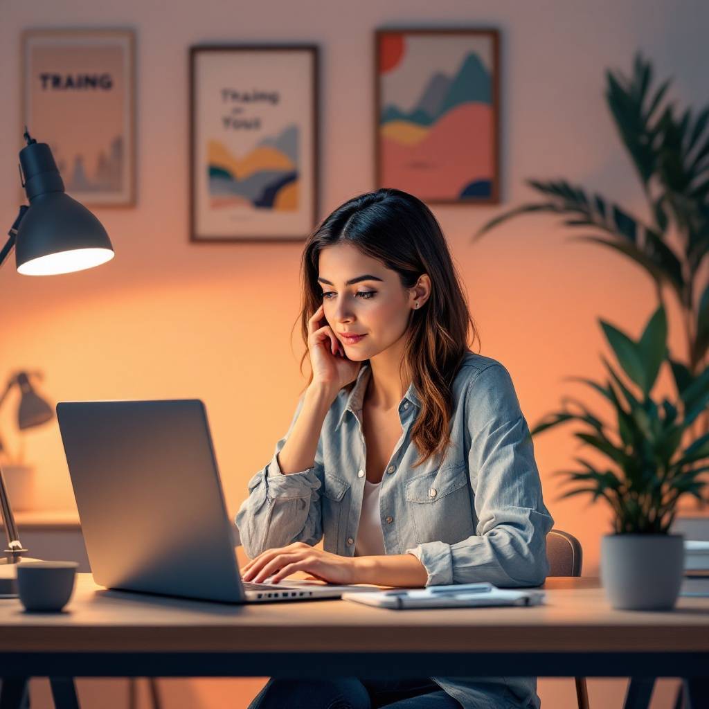 A woman in a casual shirt works on a laptop at a desk in a cozy room with wall art, a lamp, and plants.