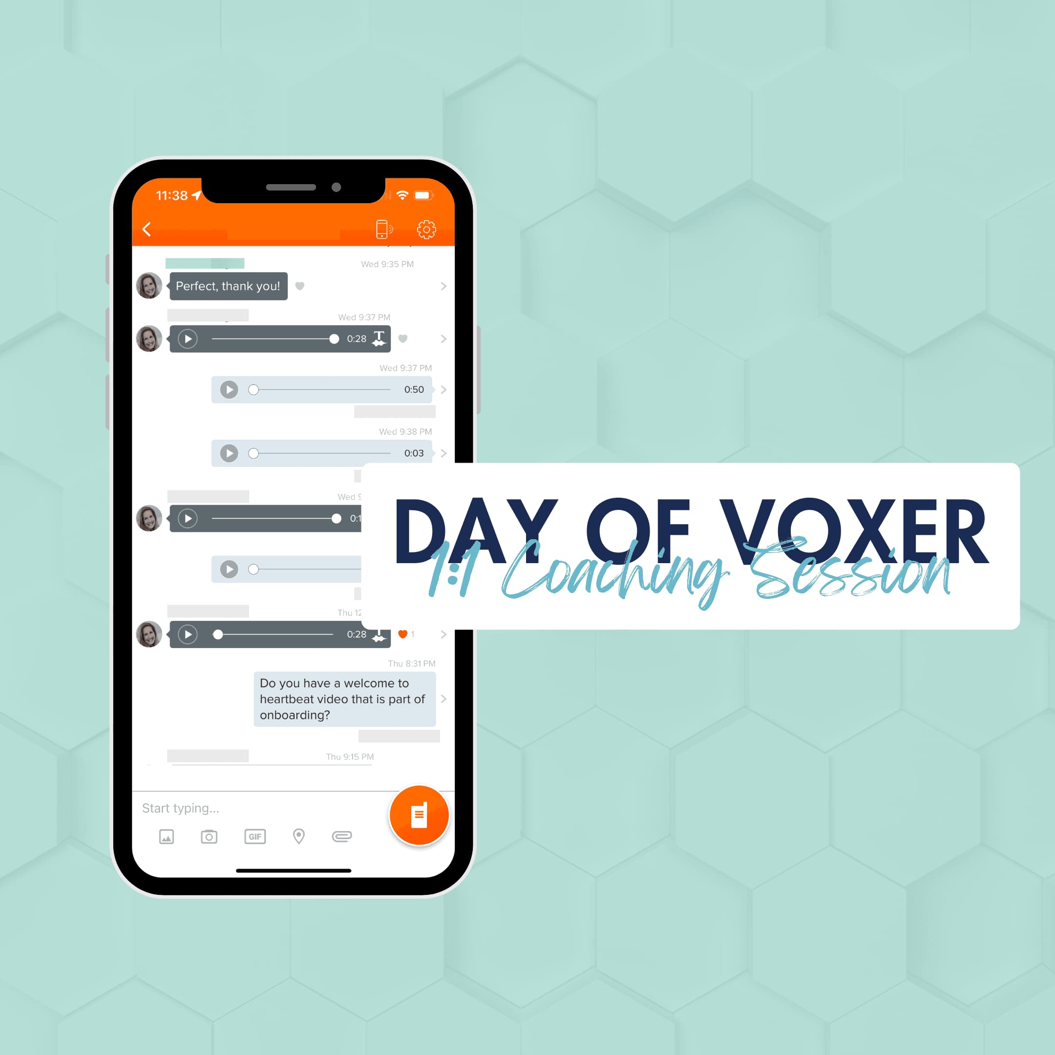 Day of Voxer Smartphone displaying a chat interface on a hexagonal pattern background with the text