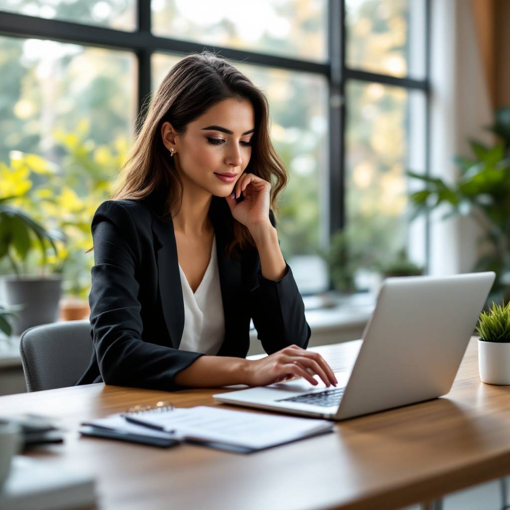 Magai Setup + Implementation A woman in a black blazer works on a laptop at a wooden desk, surrounded by plants, with large windows in the background.