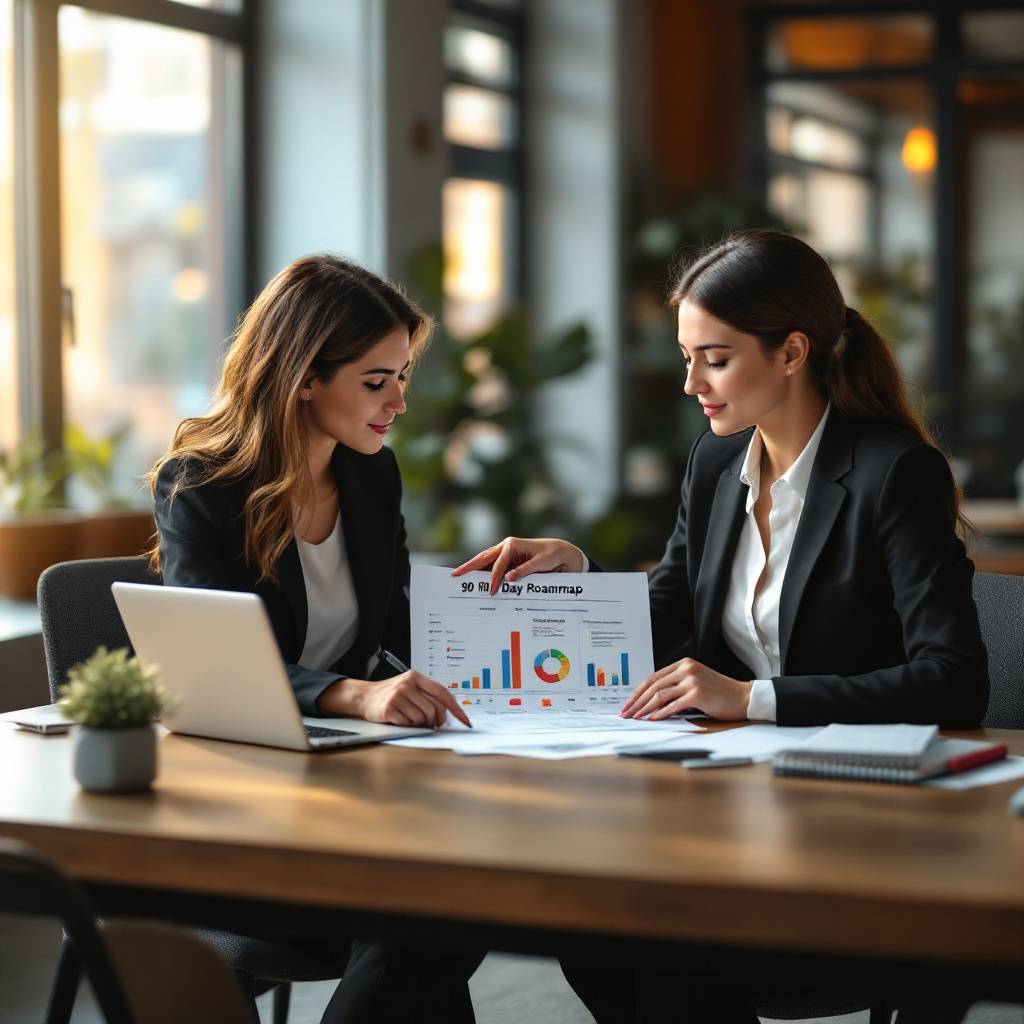 strategy session Two women in business attire sitting at a desk in an office, discussing a printed chart titled