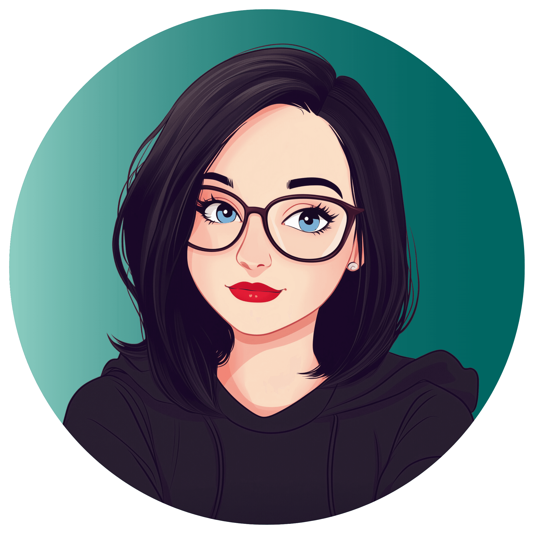 A digital illustration of a person with black hair, wearing glasses and a black hoodie, set against a teal background.