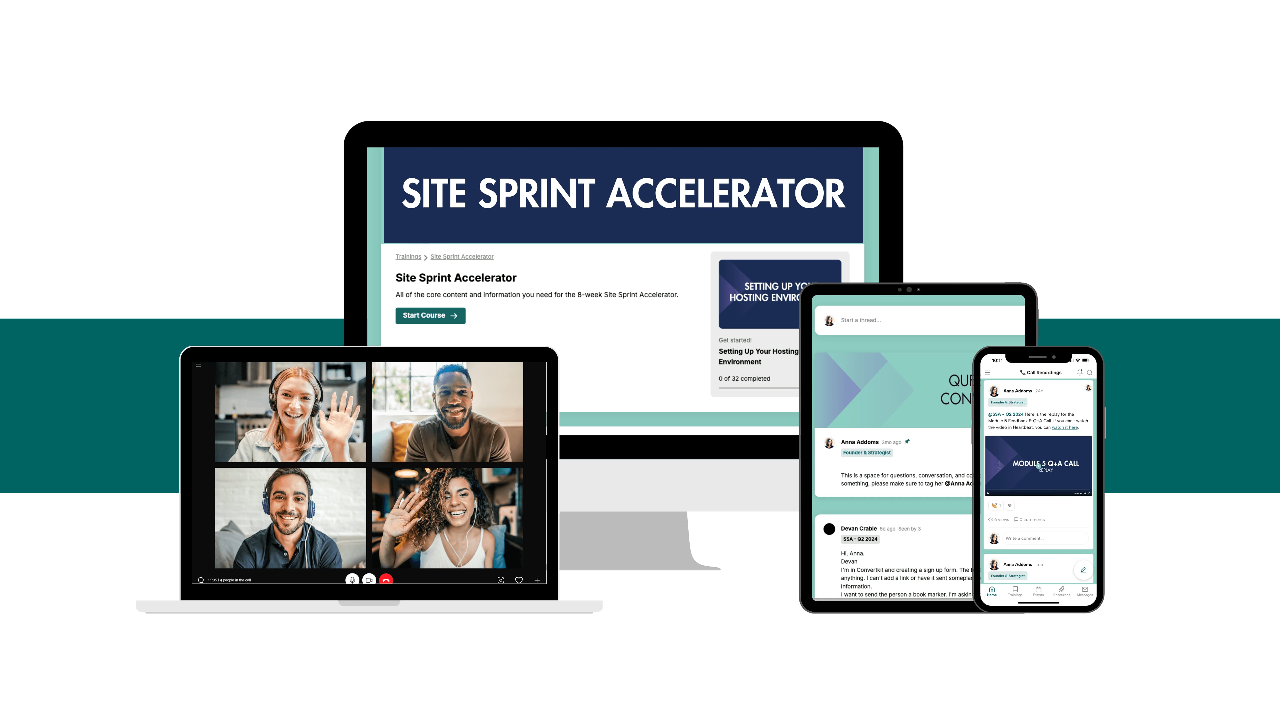 Various devices displaying a website titled "Site Sprint Accelerator." The screens show text and a video call with four people.