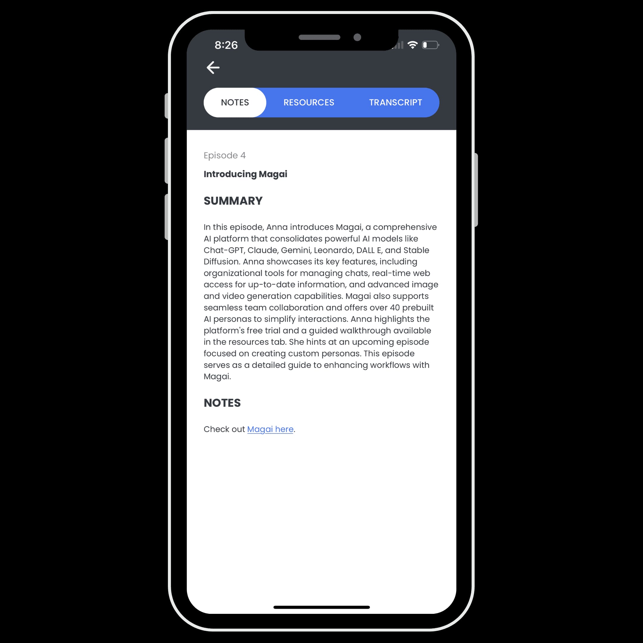 Smartphone displaying a podcast episode page titled "Introducing Maggi" with sections for Summary, Notes, Resources, and Transcript.