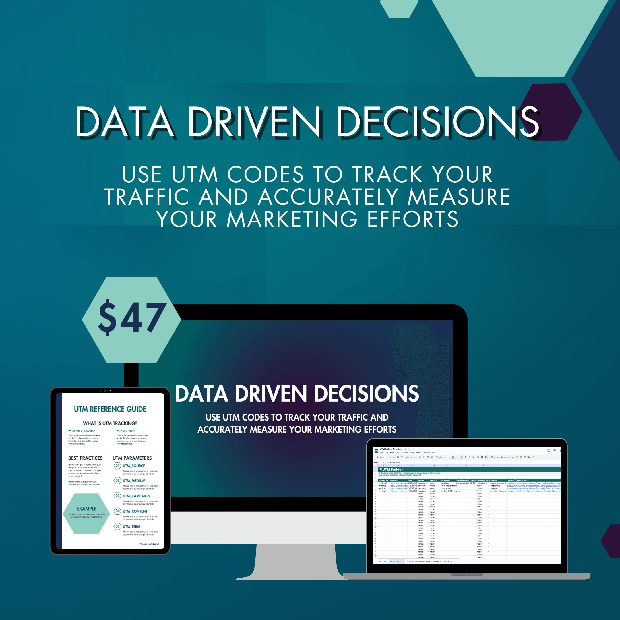 Graphic showing a computer, tablet, and spreadsheet titled "Data Driven Decisions." Promotes using UTM codes to track marketing efforts. Price is $47.