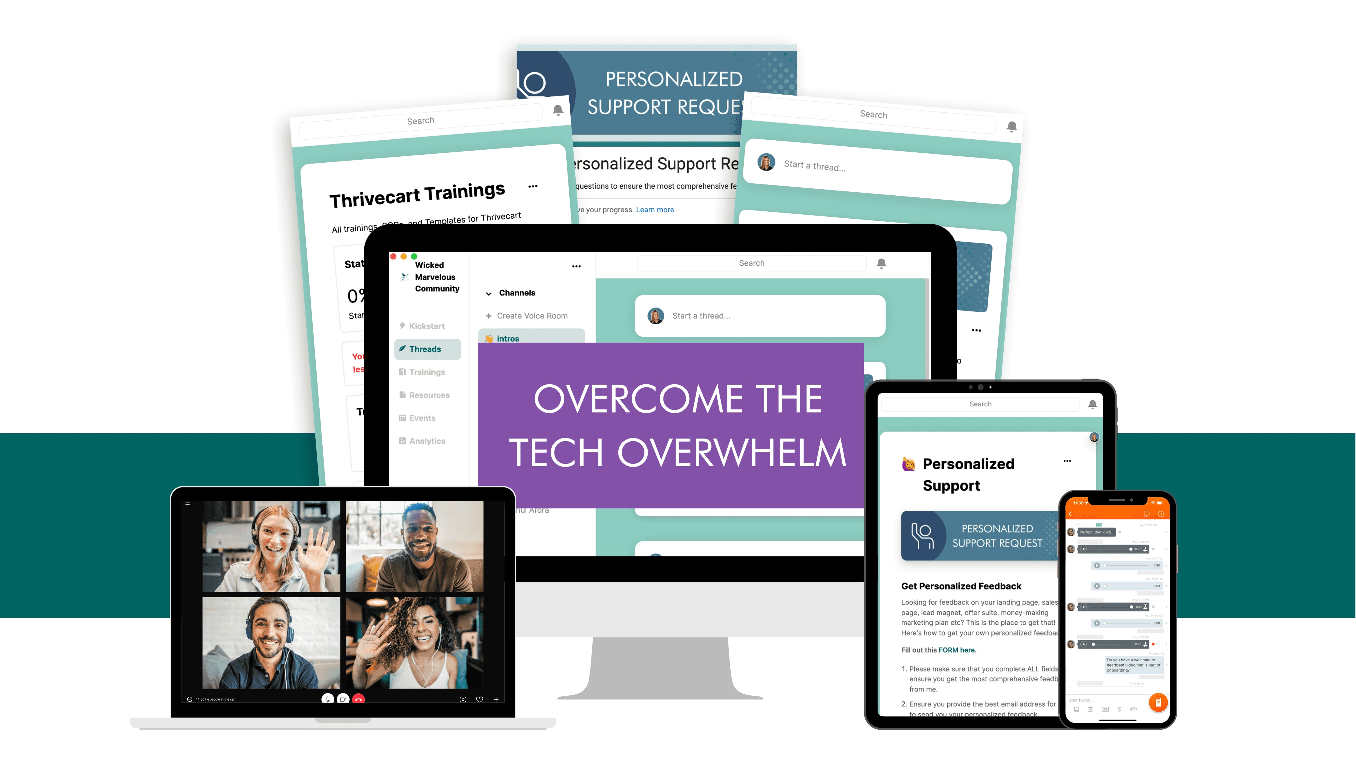 OTTO Promo Graphic A collage of digital devices displaying tech support and training content with the phrase "Overcome the Tech Overwhelm" on a central screen.