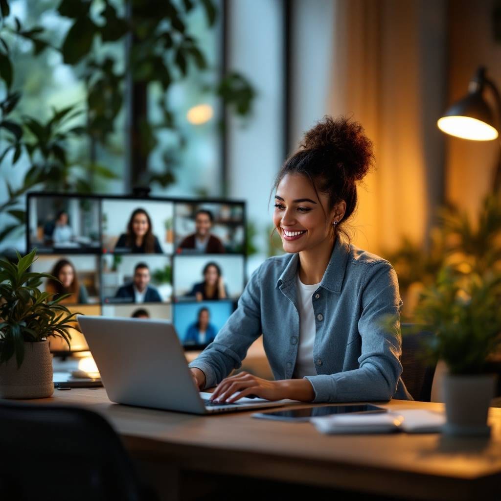 Woman smiling while using a laptop in a home office with plants, participating in a virtual meeting displayed on an adjacent screen.