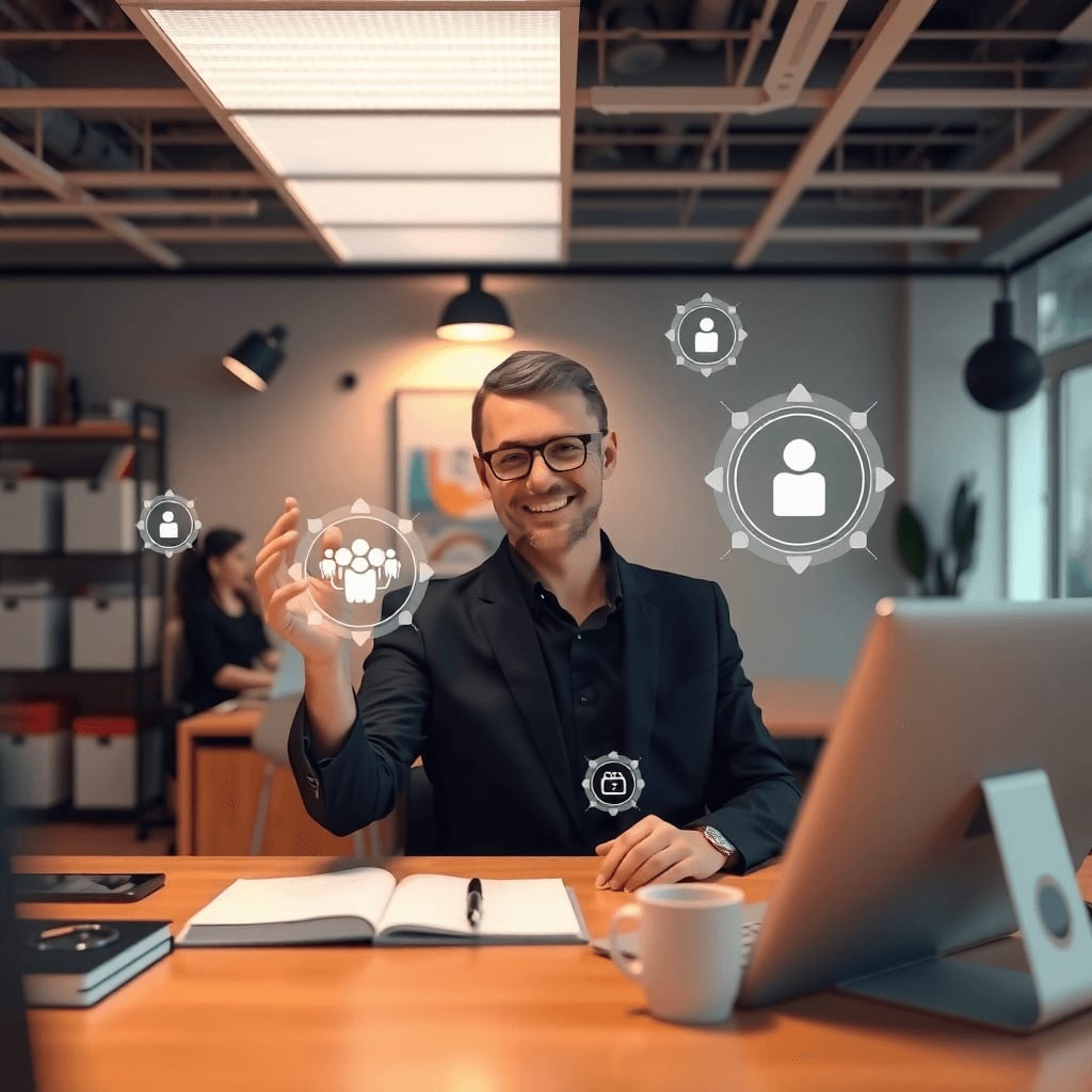 A person in glasses and a suit sits at a desk in a modern office, smiling and interacting with floating digital icons symbolizing social connections.